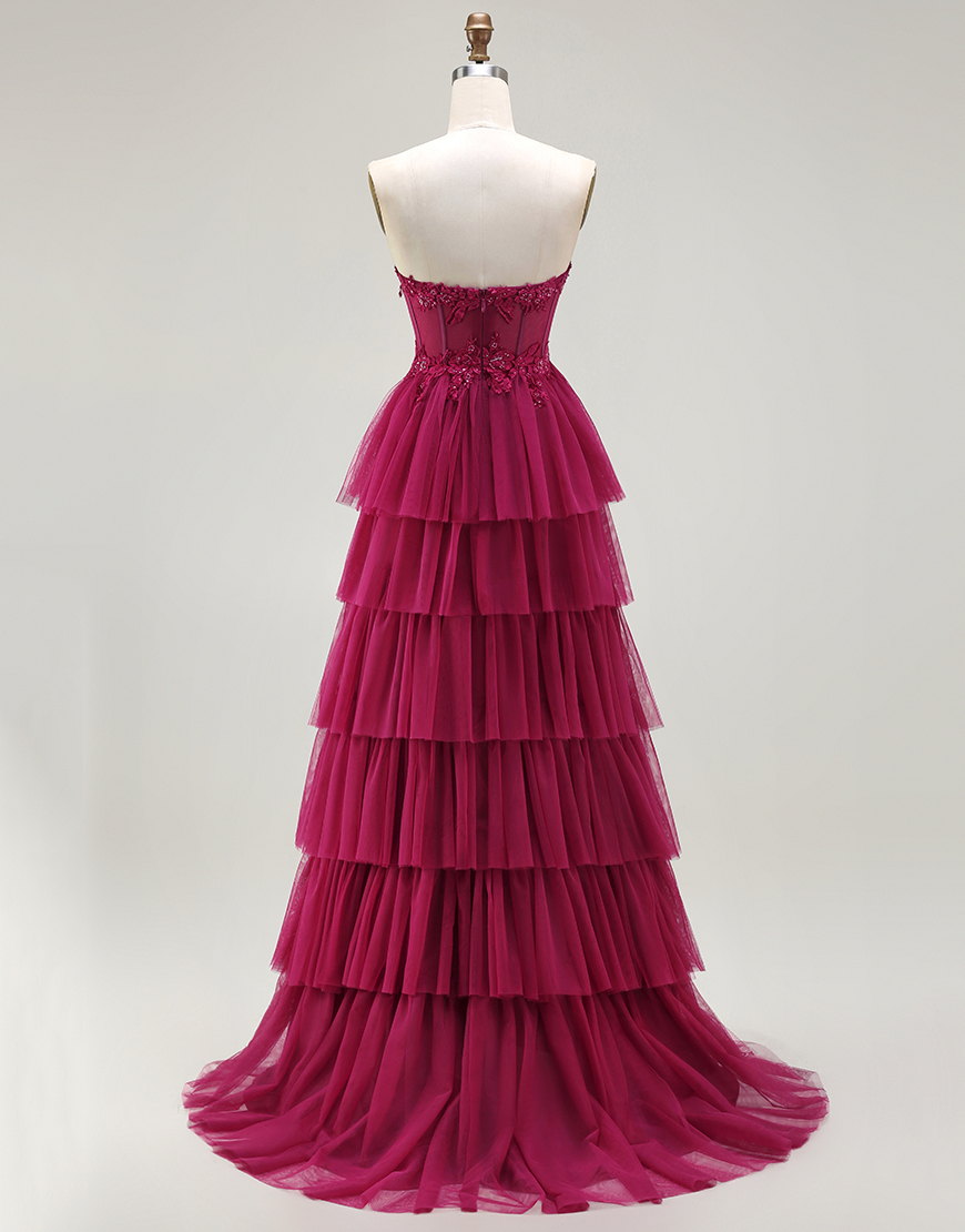 Sparkly Floral Fuchsia Corset Beaded Tiered Long Prom Dress with Slit