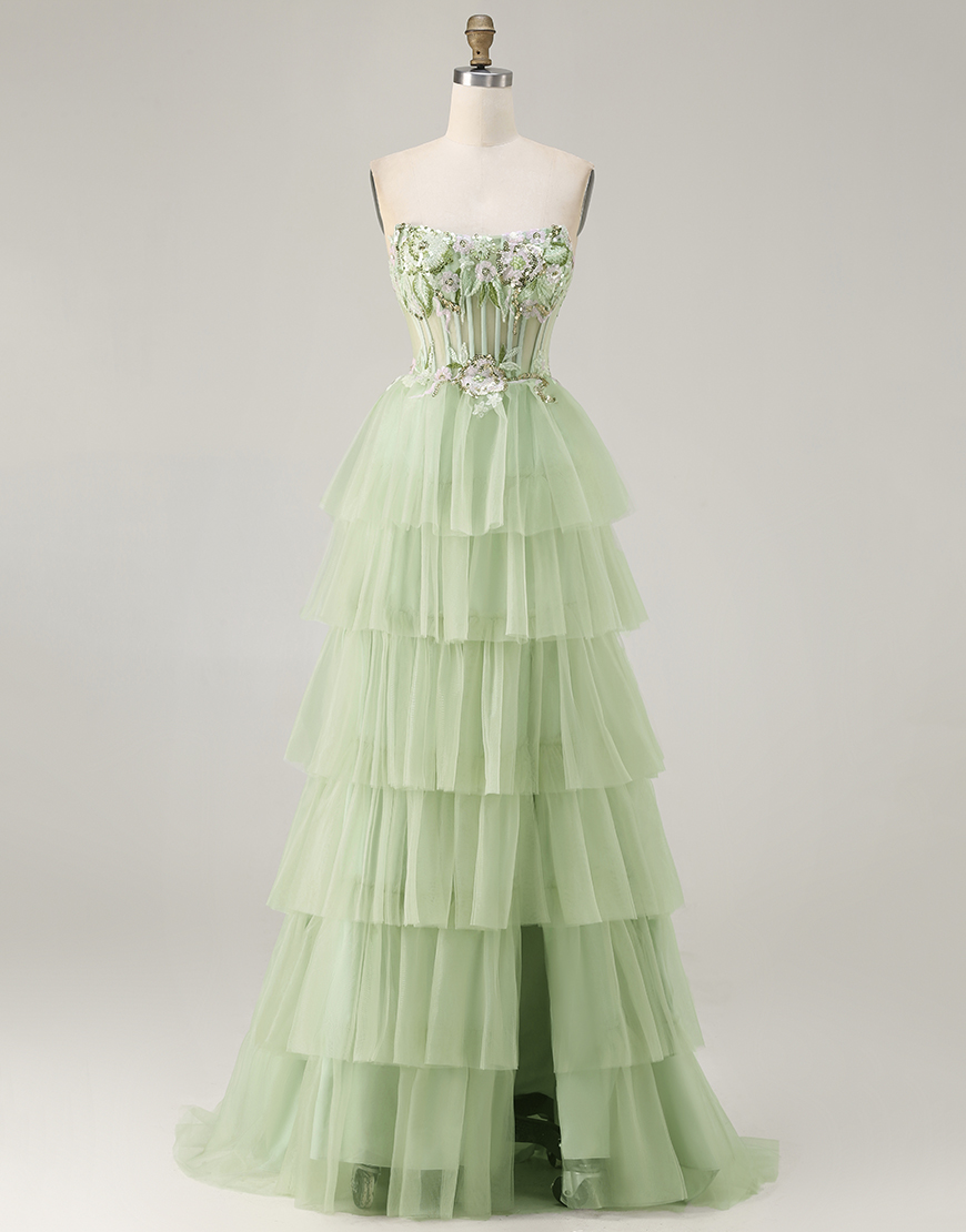 Sparkly Green Corset Beaded Floral Long Prom Dress with Ruffles
