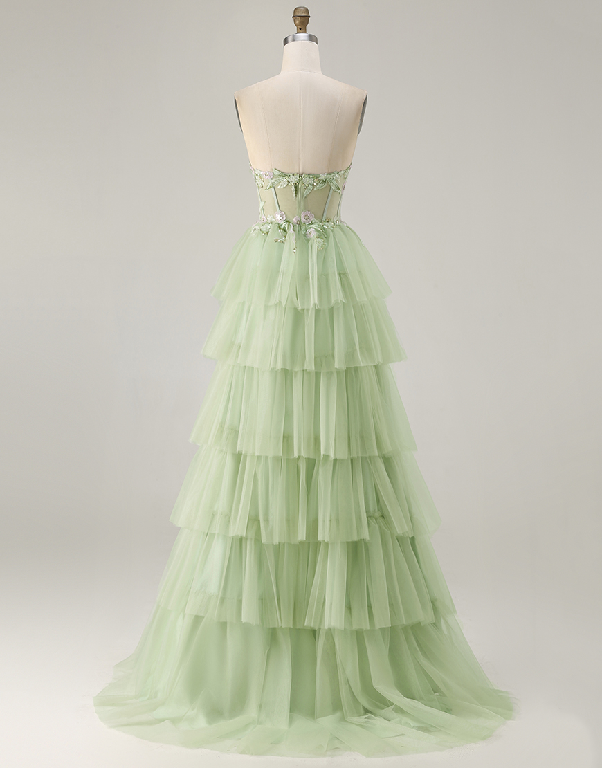 Sparkly Green Corset Beaded Floral Long Prom Dress with Ruffles