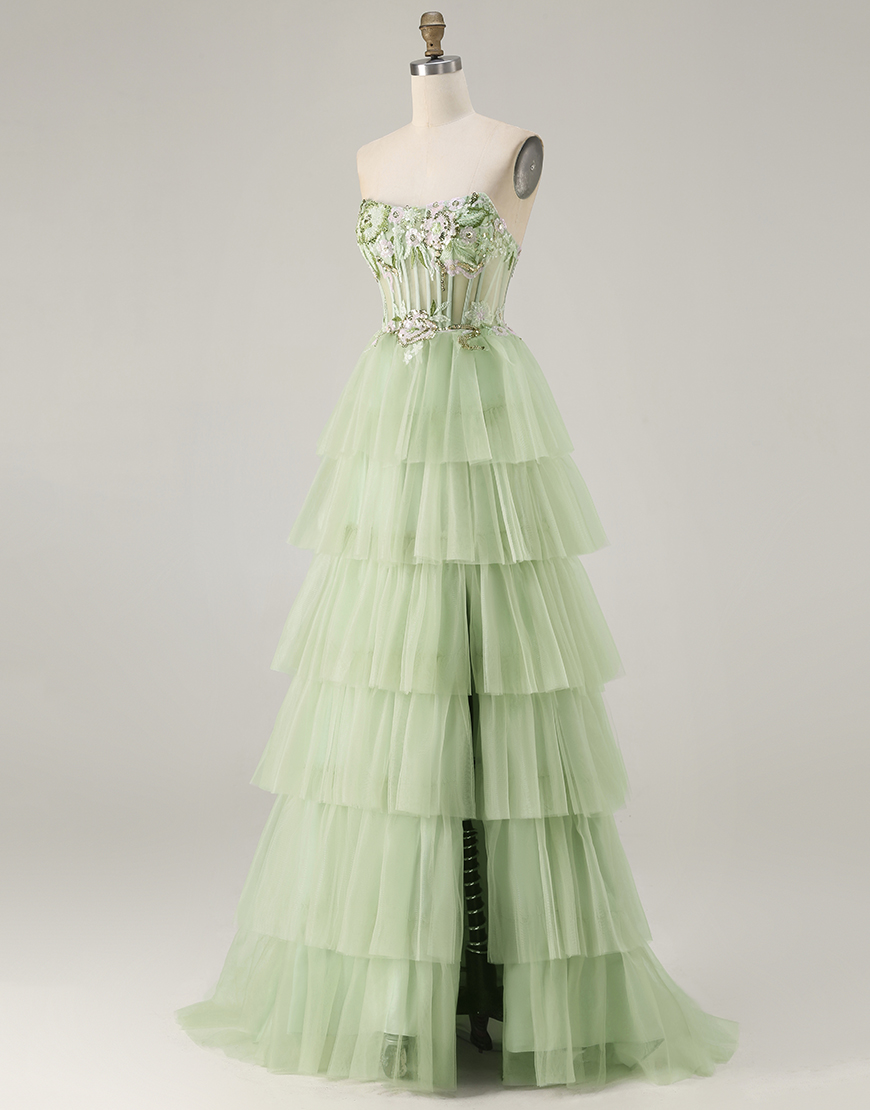 Sparkly Green Corset Beaded Floral Long Prom Dress with Ruffles