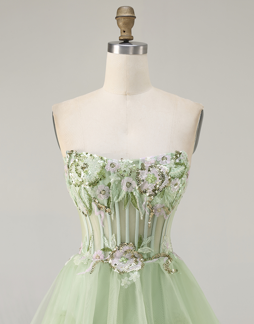 Sparkly Green Corset Beaded Floral Long Prom Dress with Ruffles