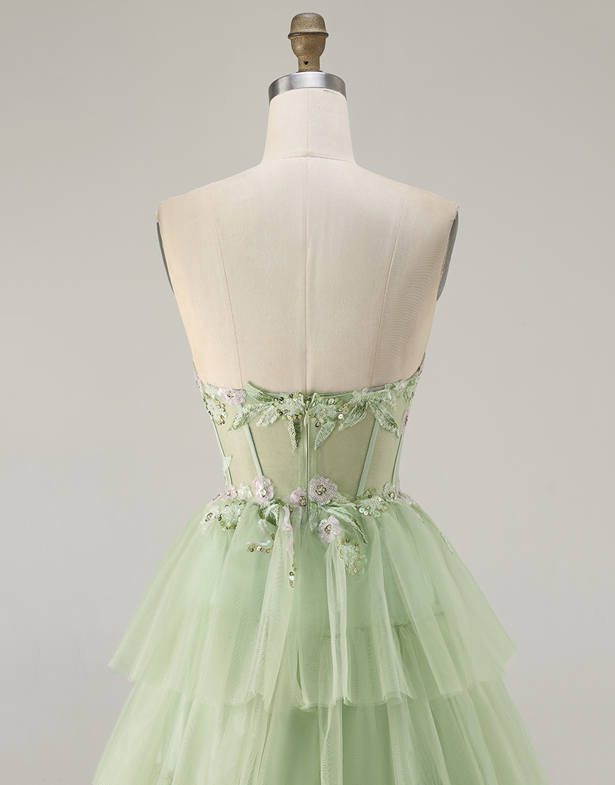 Sparkly Green Corset Beaded Floral Long Prom Dress with Ruffles