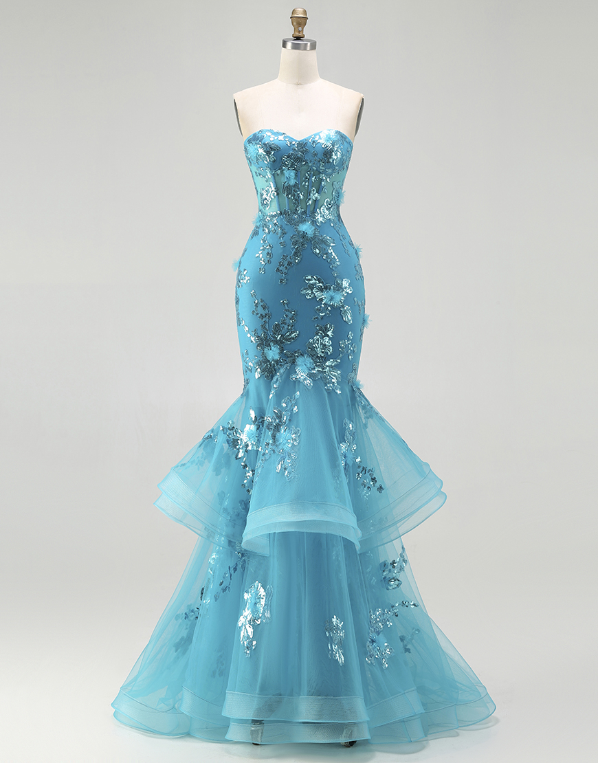 Sparkly Blue Corset Sequin Mermaid Long Prom Dress with Ruffles