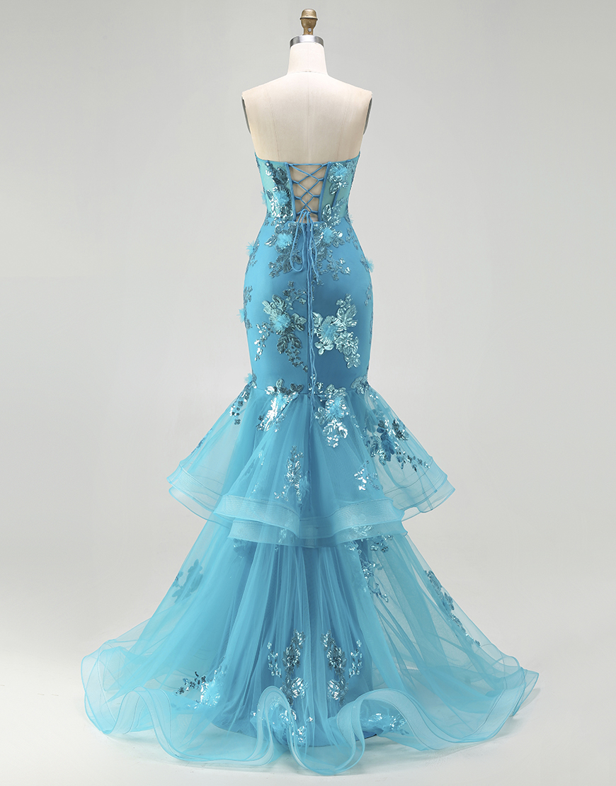 Sparkly Blue Corset Sequin Mermaid Long Prom Dress with Ruffles