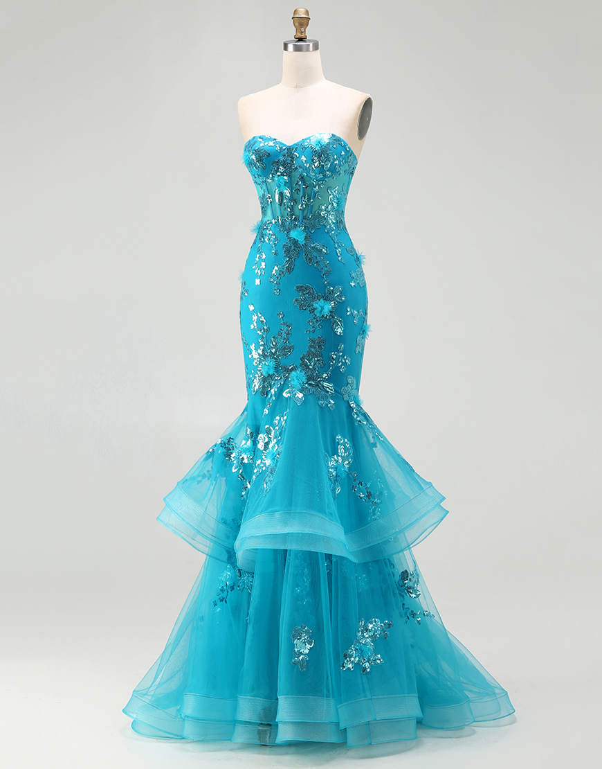 Sparkly Blue Corset Sequin Mermaid Long Prom Dress with Ruffles
