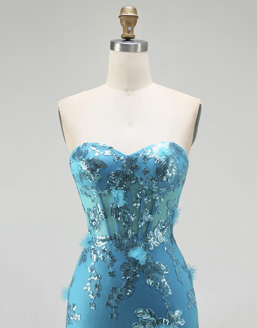 Sparkly Blue Corset Sequin Mermaid Long Prom Dress with Ruffles