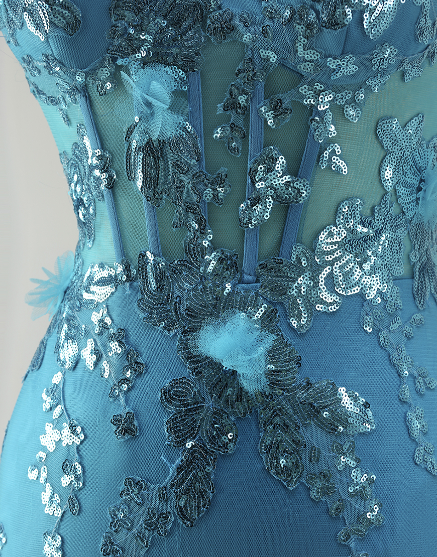 Sparkly Blue Corset Sequin Mermaid Long Prom Dress with Ruffles