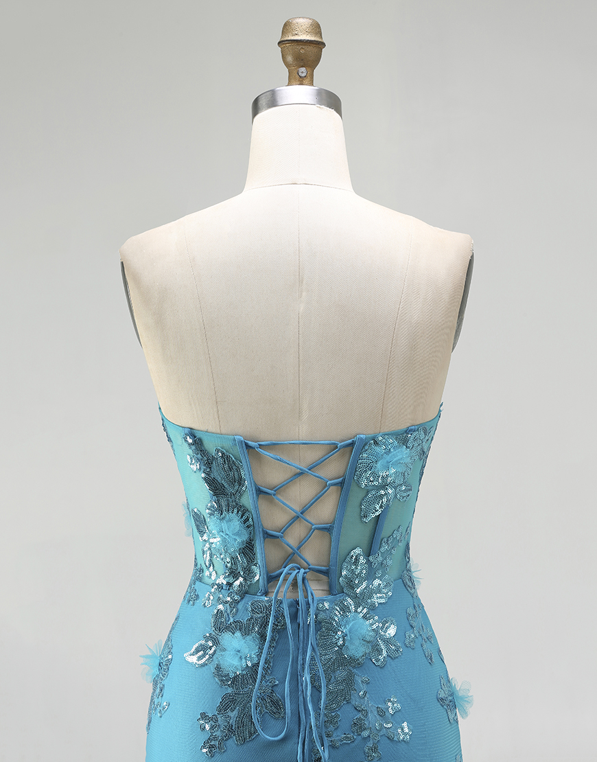 Sparkly Blue Corset Sequin Mermaid Long Prom Dress with Ruffles