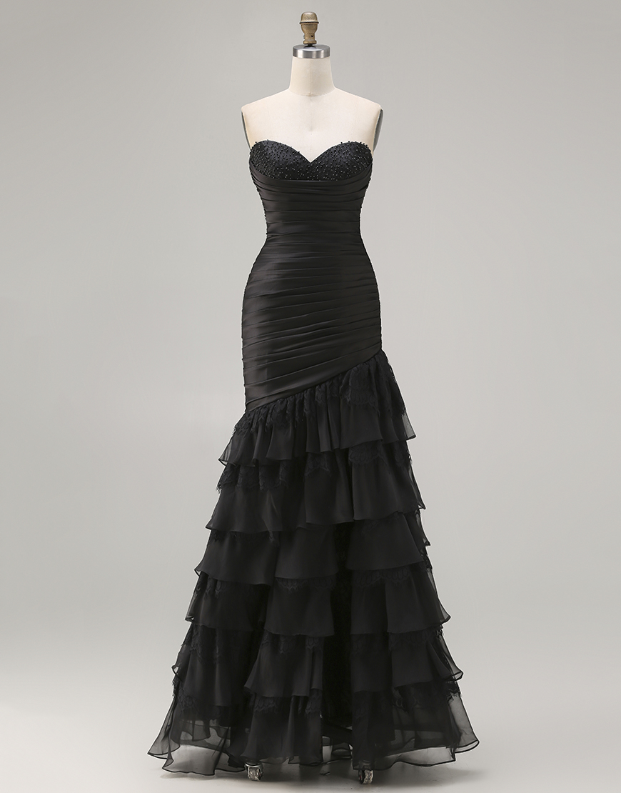 Sparkly Black Mermaid Ruffled Sweetheart Ruched Long Prom Dress with Beading