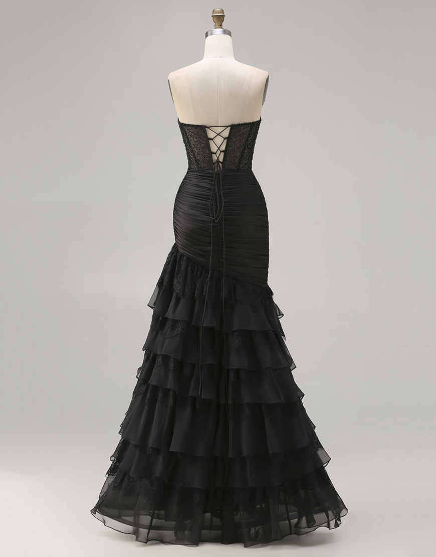 Sparkly Black Mermaid Ruffled Sweetheart Ruched Long Prom Dress with Beading