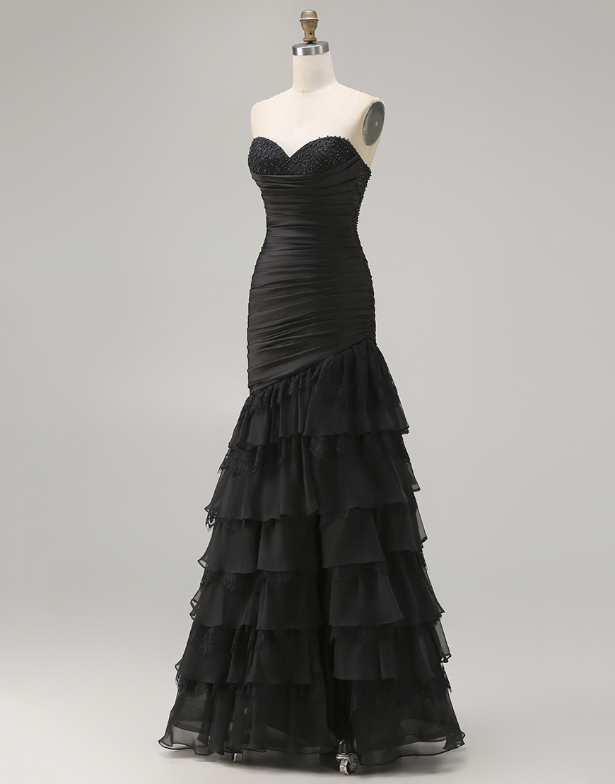 Sparkly Black Mermaid Ruffled Sweetheart Ruched Long Prom Dress with Beading