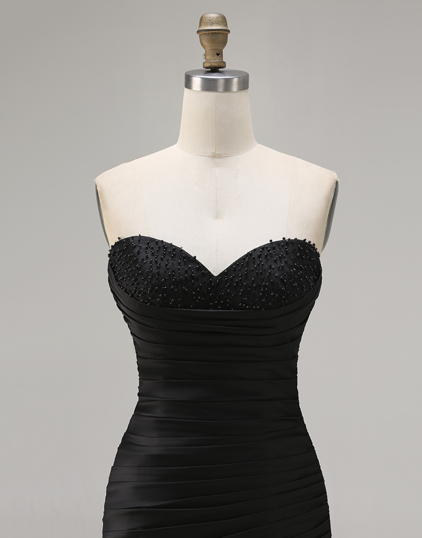 Sparkly Black Mermaid Ruffled Sweetheart Ruched Long Prom Dress with Beading