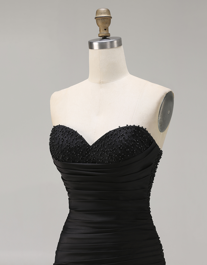 Sparkly Black Mermaid Ruffled Sweetheart Ruched Long Prom Dress with Beading