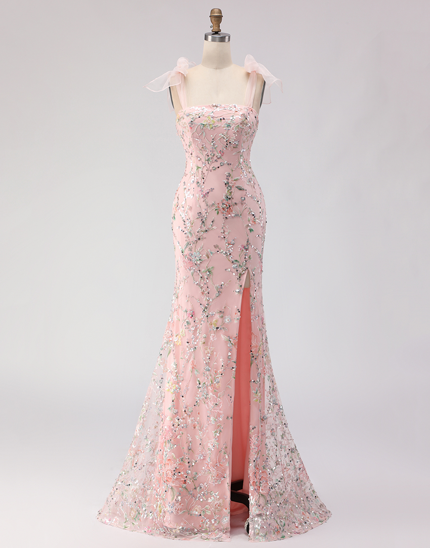 Sparkly Blush Mermaid Floral Sequins Long Prom Dress with Slit