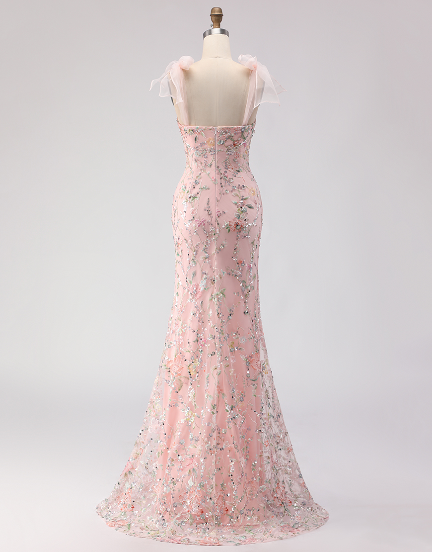 Sparkly Blush Mermaid Floral Sequins Long Prom Dress with Slit