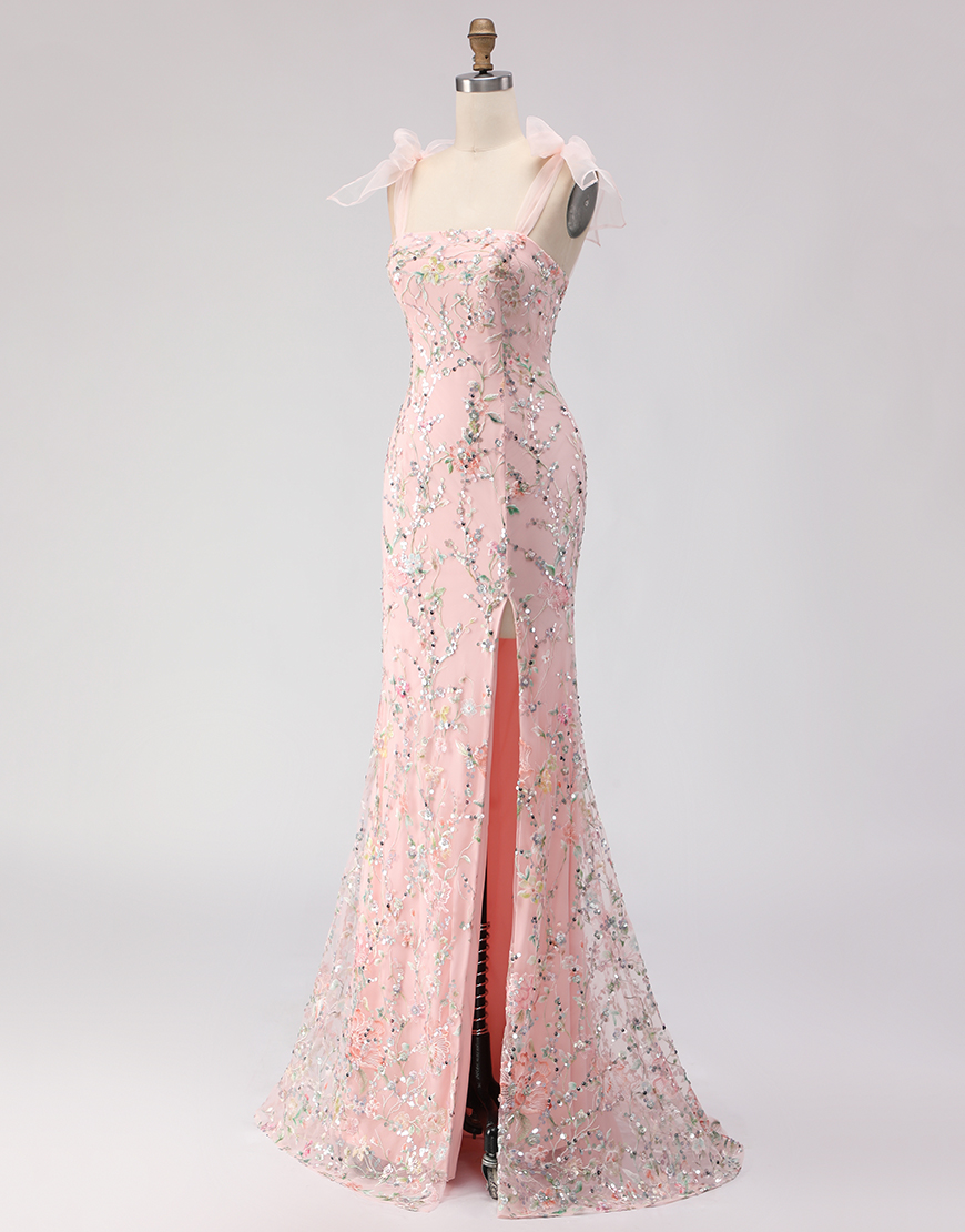 Sparkly Blush Mermaid Floral Sequins Long Prom Dress with Slit