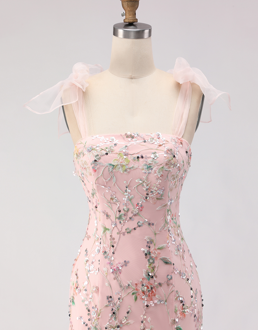 Sparkly Blush Mermaid Floral Sequins Long Prom Dress with Slit