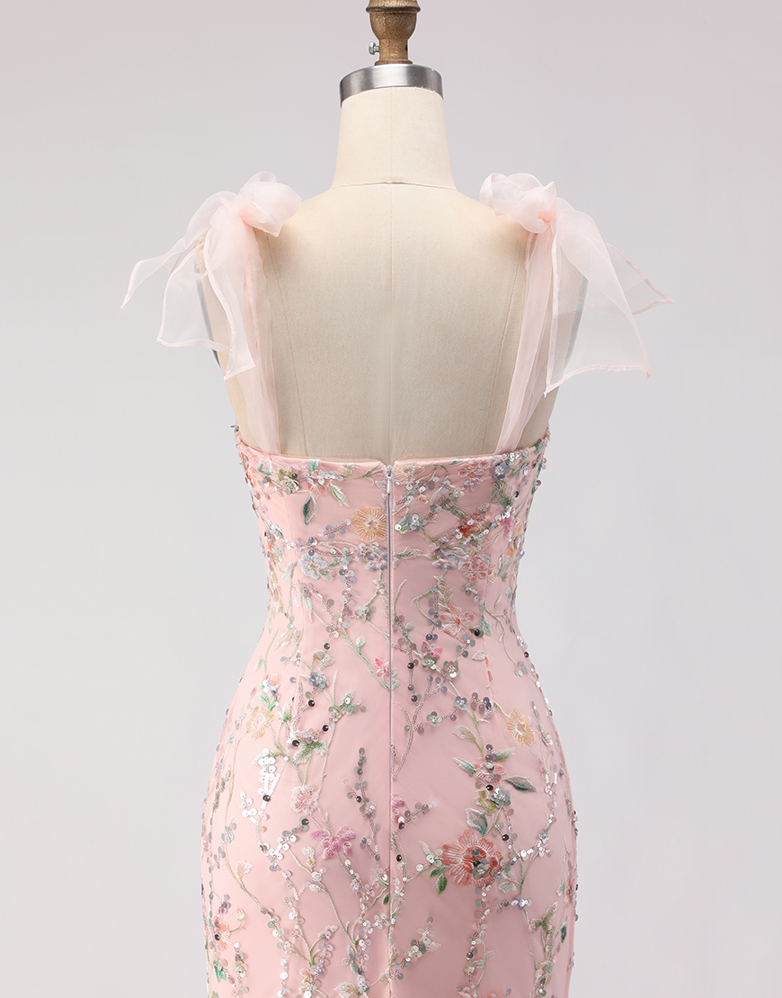 Sparkly Blush Mermaid Floral Sequins Long Prom Dress with Slit