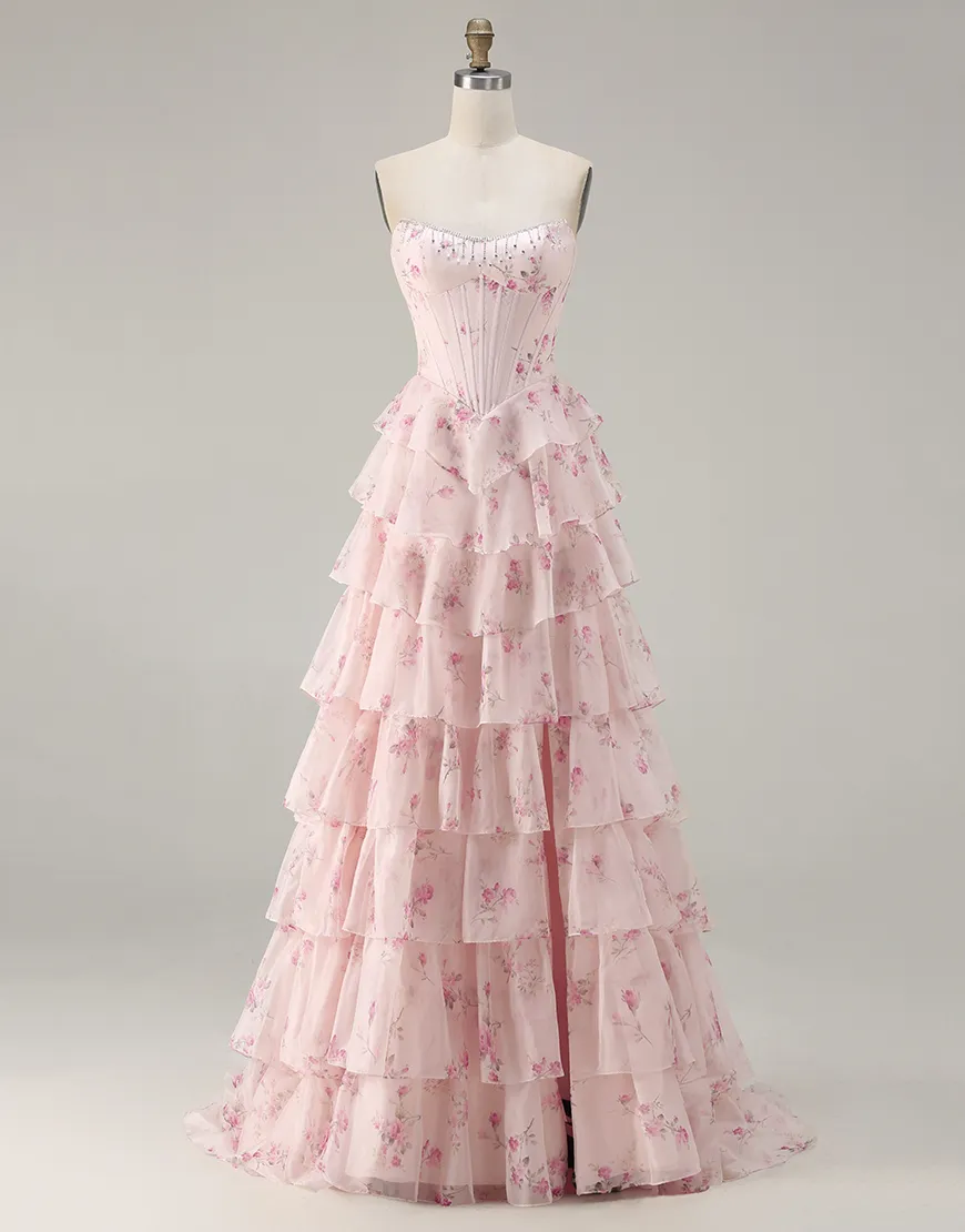 Sparkly Floral Yellow and Blue Tiered Corset A Line Long Prom Dress with Slit