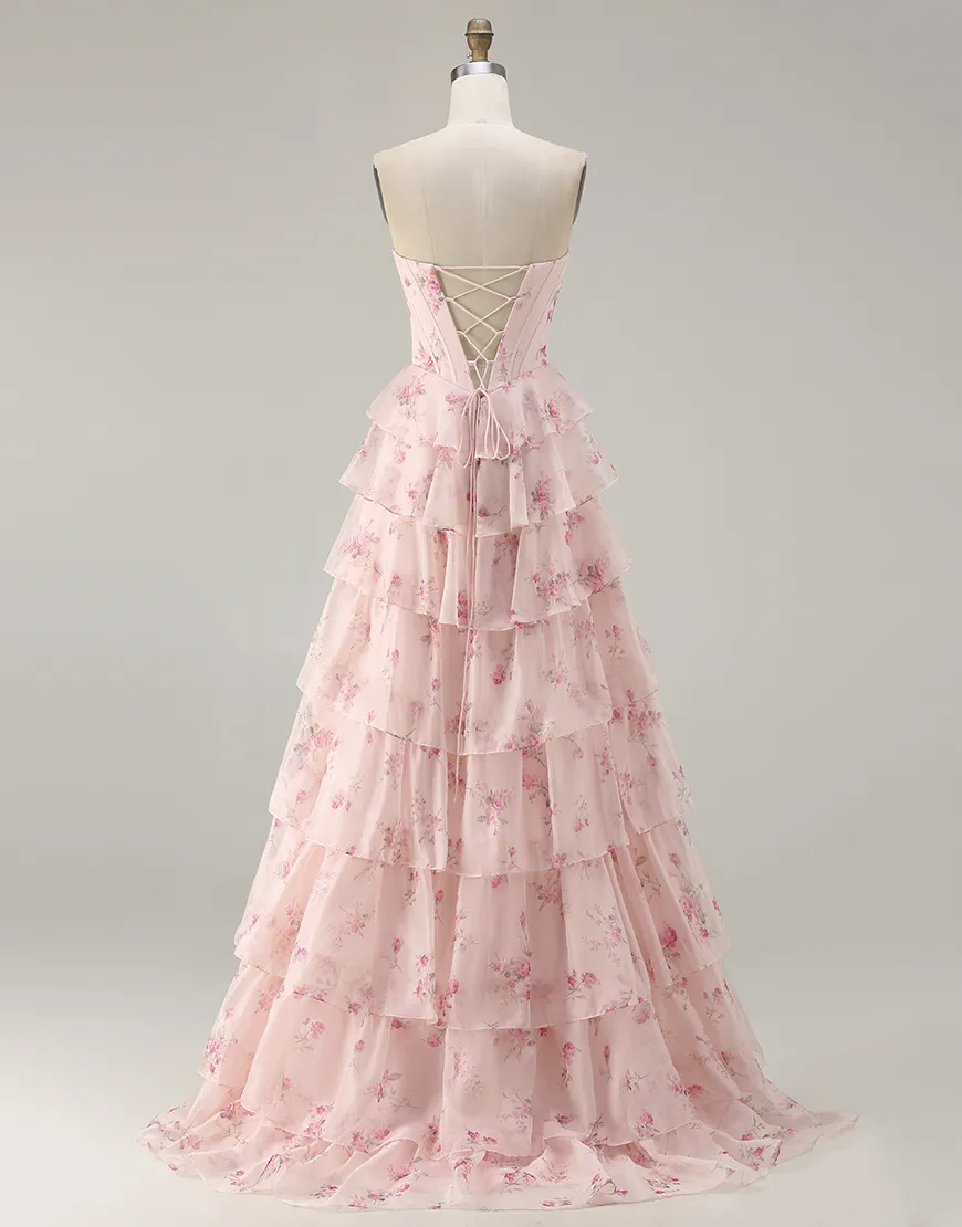 Sparkly Floral Yellow and Blue Tiered Corset A Line Long Prom Dress with Slit