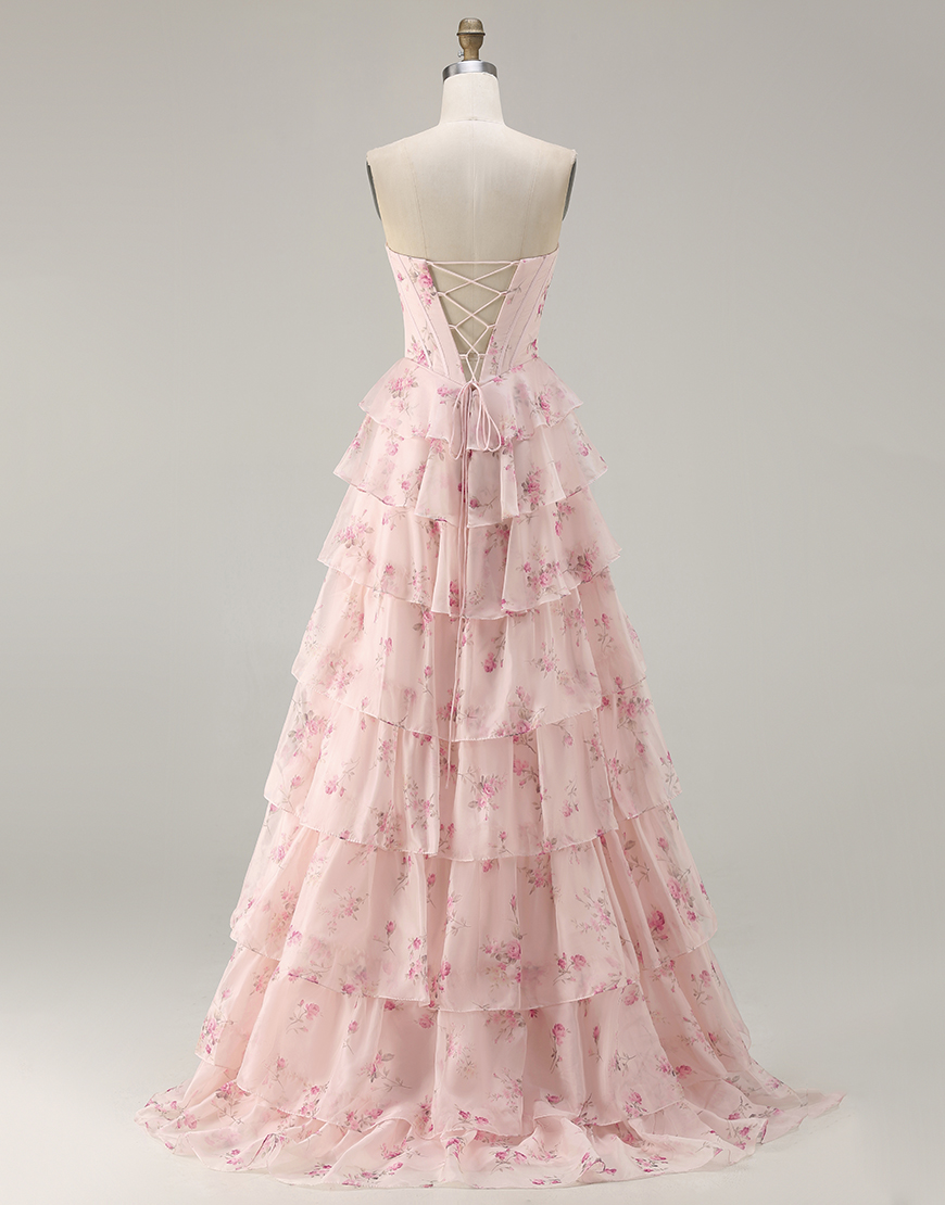 Sparkly Pink and Red Floral Tiered Long Corset Prom Dress with Beading
