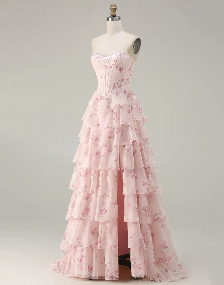 Sparkly Floral Yellow and Blue Tiered Corset A Line Long Prom Dress with Slit