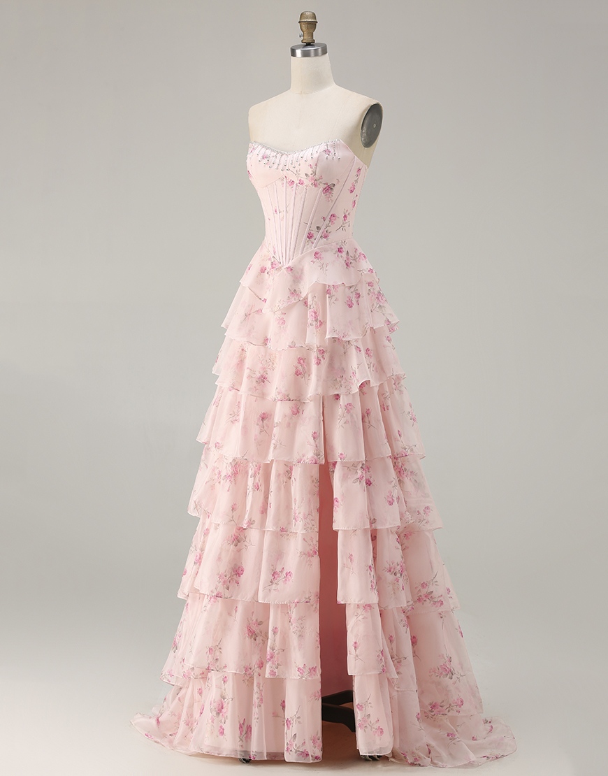 Sparkly Pink and Red Floral Tiered Long Corset Prom Dress with Beading