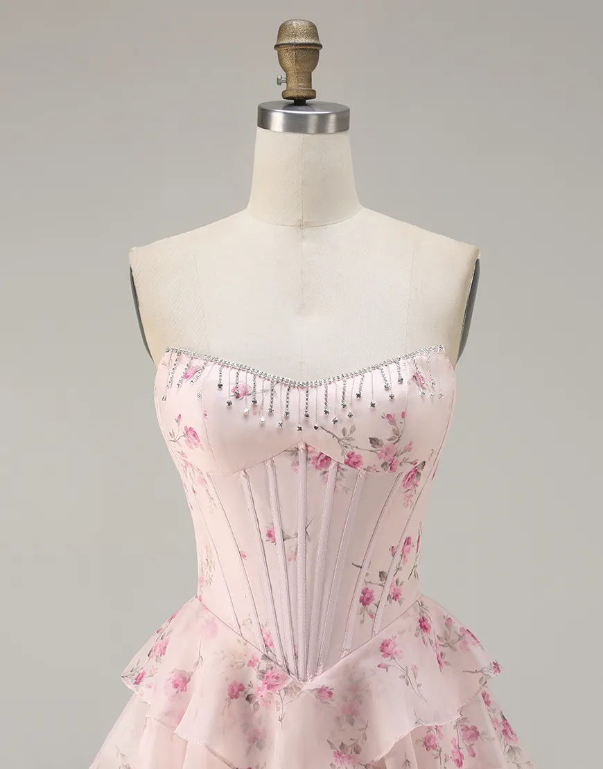 Sparkly Floral Yellow and Blue Tiered Corset A Line Long Prom Dress with Slit