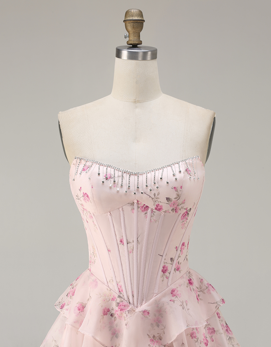 Sparkly Pink and Red Floral Tiered Long Corset Prom Dress with Beading