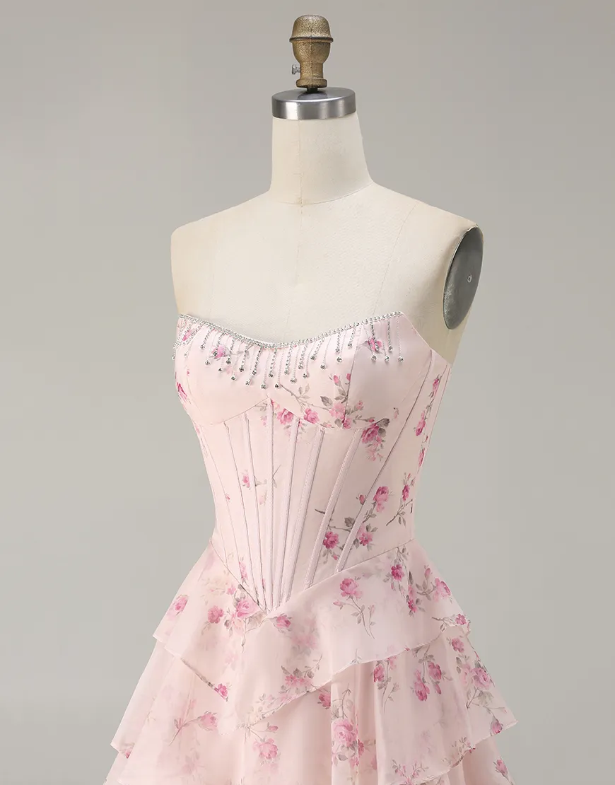 Sparkly Floral Yellow and Blue Tiered Corset A Line Long Prom Dress with Slit