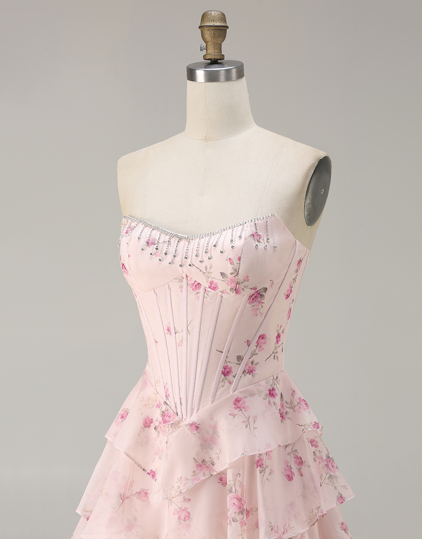 Sparkly Pink and Red Floral Tiered Long Corset Prom Dress with Beading