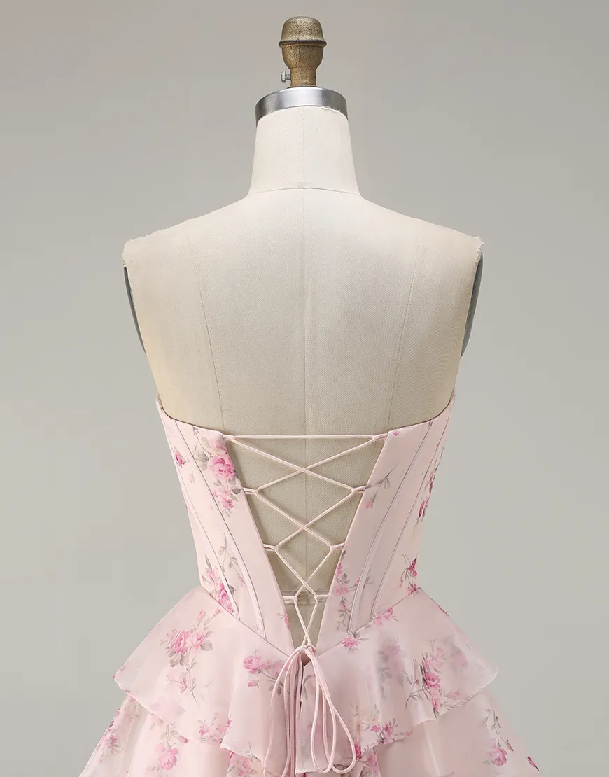 Sparkly Floral Yellow and Blue Tiered Corset A Line Long Prom Dress with Slit