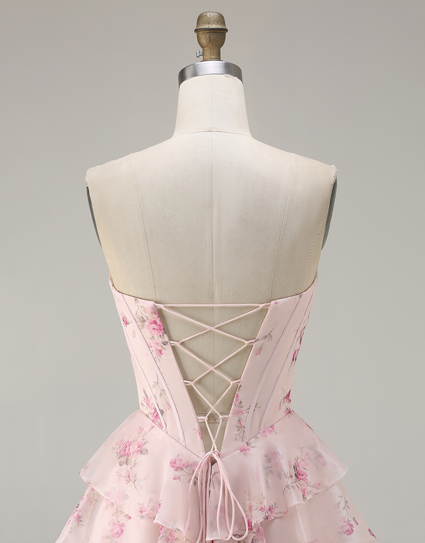 Sparkly Pink and Red Floral Tiered Long Corset Prom Dress with Beading