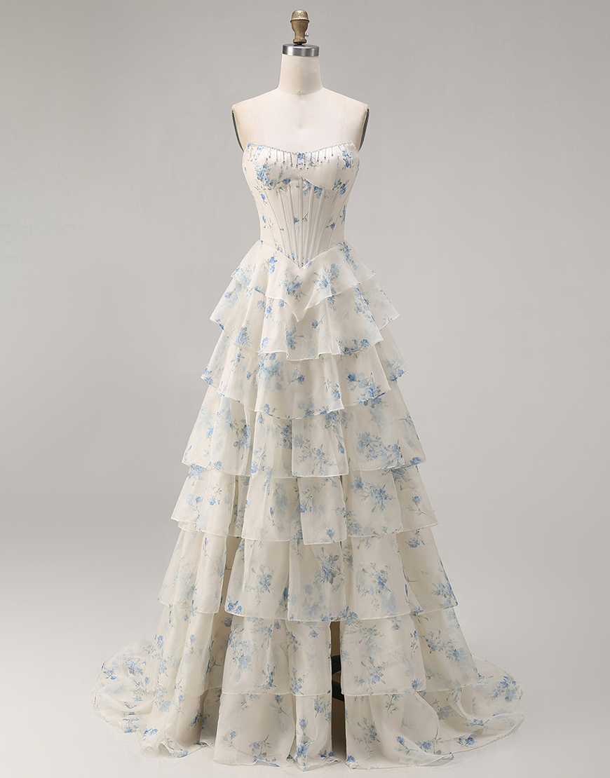 Sparkly Pink and Red Floral Tiered Long Corset Prom Dress with Beading