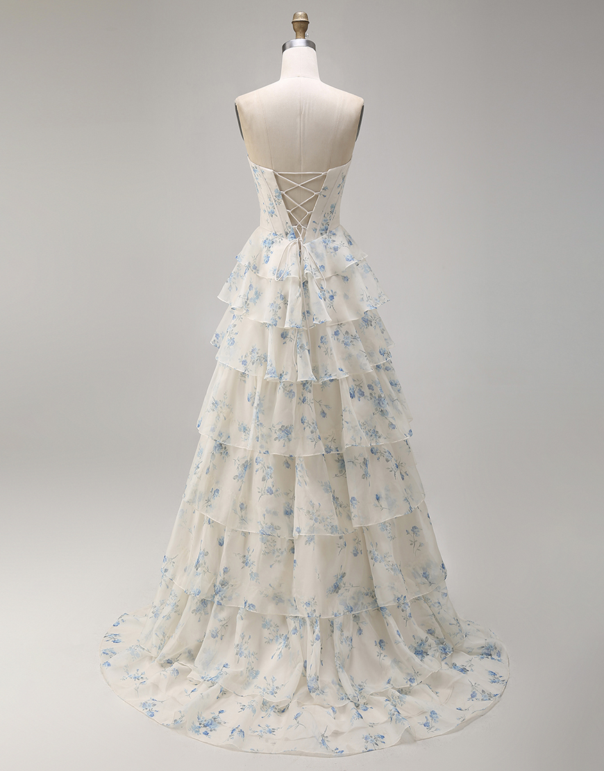 Sparkly Pink and Red Floral Tiered Long Corset Prom Dress with Beading