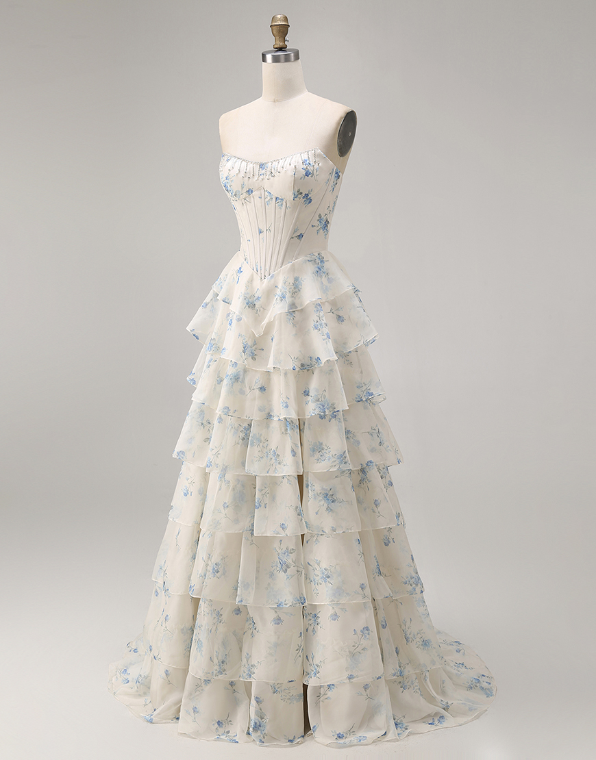 Sparkly Pink and Red Floral Tiered Long Corset Prom Dress with Beading