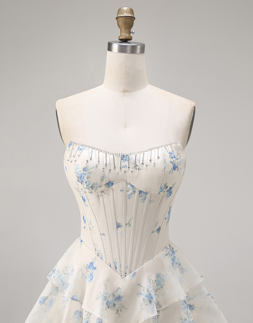 Sparkly Pink and Red Floral Tiered Long Corset Prom Dress with Beading