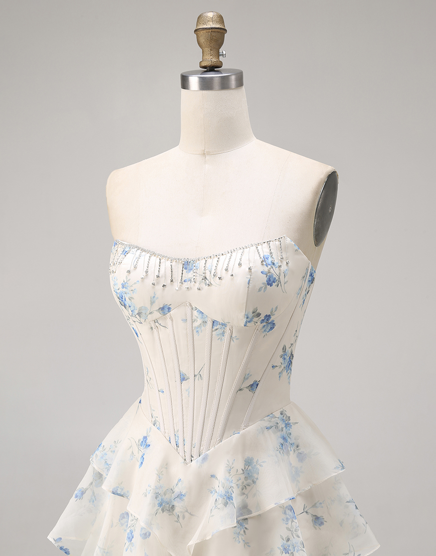 Sparkly Pink and Red Floral Tiered Long Corset Prom Dress with Beading