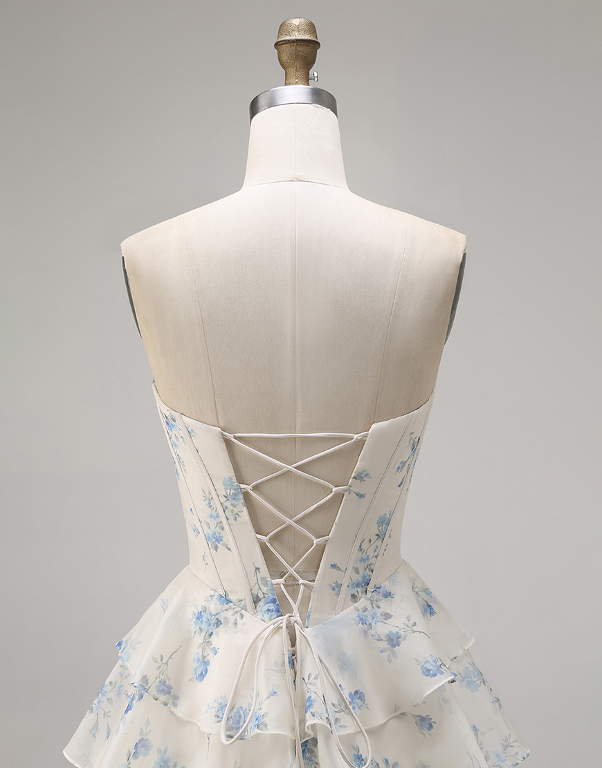 Sparkly Pink and Red Floral Tiered Long Corset Prom Dress with Beading