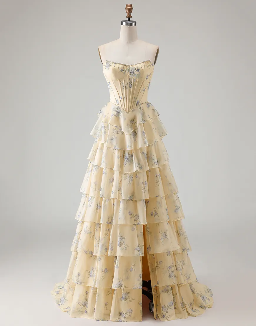 Sparkly Pink and Red Floral Tiered Long Corset Prom Dress with Beading