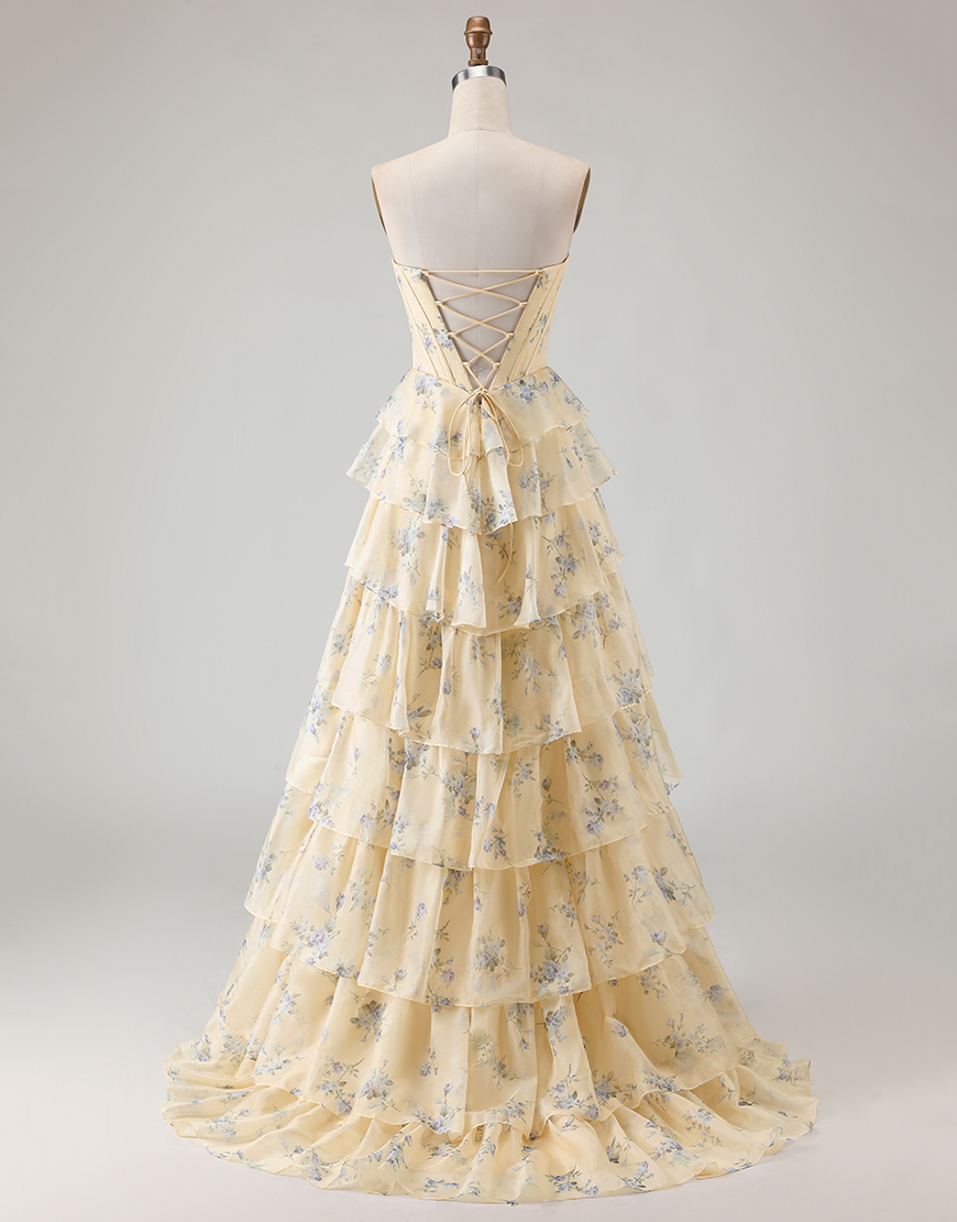 Sparkly Floral Yellow and Blue Tiered Corset A Line Long Prom Dress with Slit