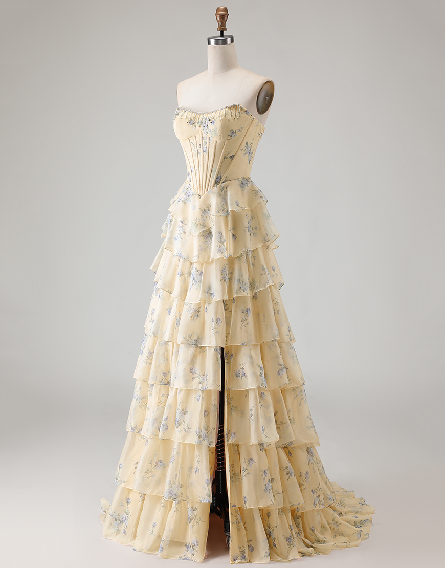 Sparkly Floral Yellow and Blue Tiered Corset A Line Long Prom Dress with Slit