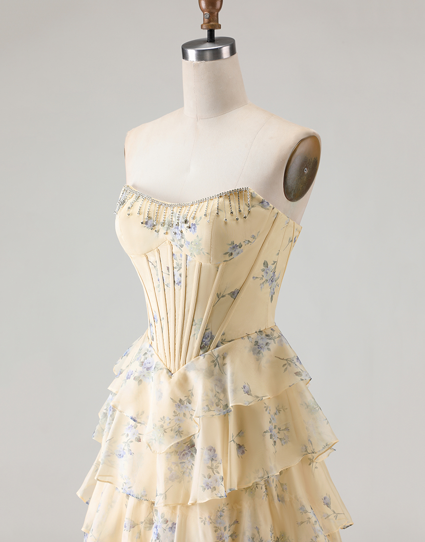 Sparkly Floral Yellow and Blue Tiered Corset A Line Long Prom Dress with Slit