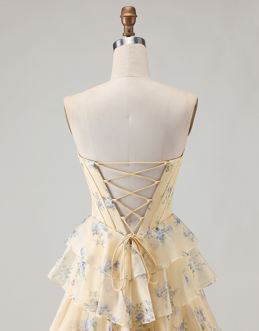 Sparkly Floral Yellow and Blue Tiered Corset A Line Long Prom Dress with Slit