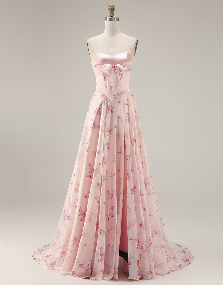 Pink and Red Floral Strapless A Line Long Corset Prom Dress with Bow