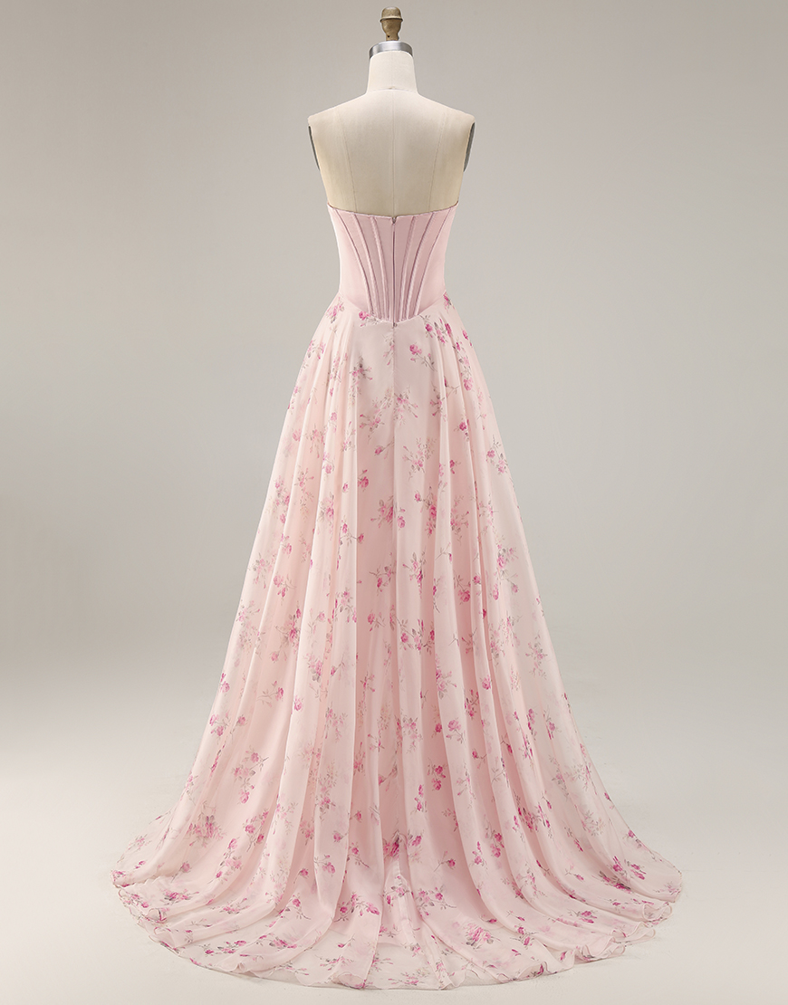 Pink and Red Floral Strapless A Line Long Corset Prom Dress with Bow