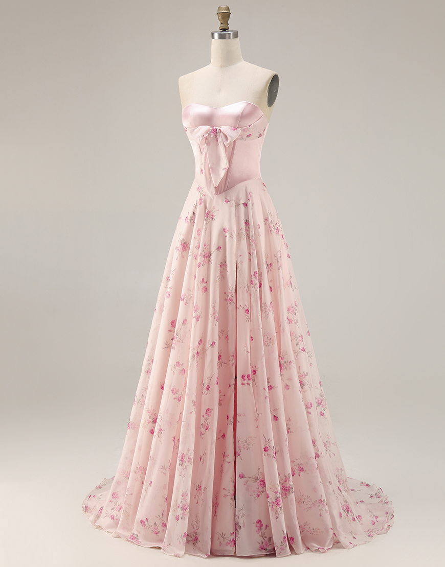 Pink and Red Floral Strapless A Line Long Corset Prom Dress with Bow