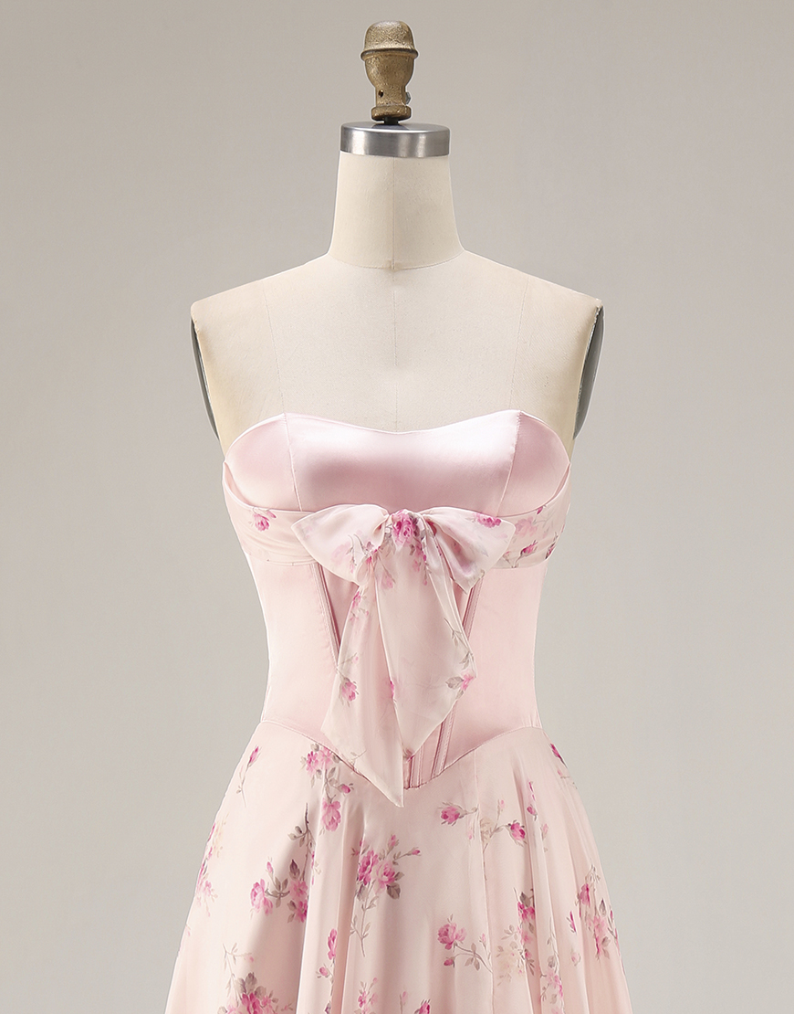 Pink and Red Floral Strapless A Line Long Corset Prom Dress with Bow