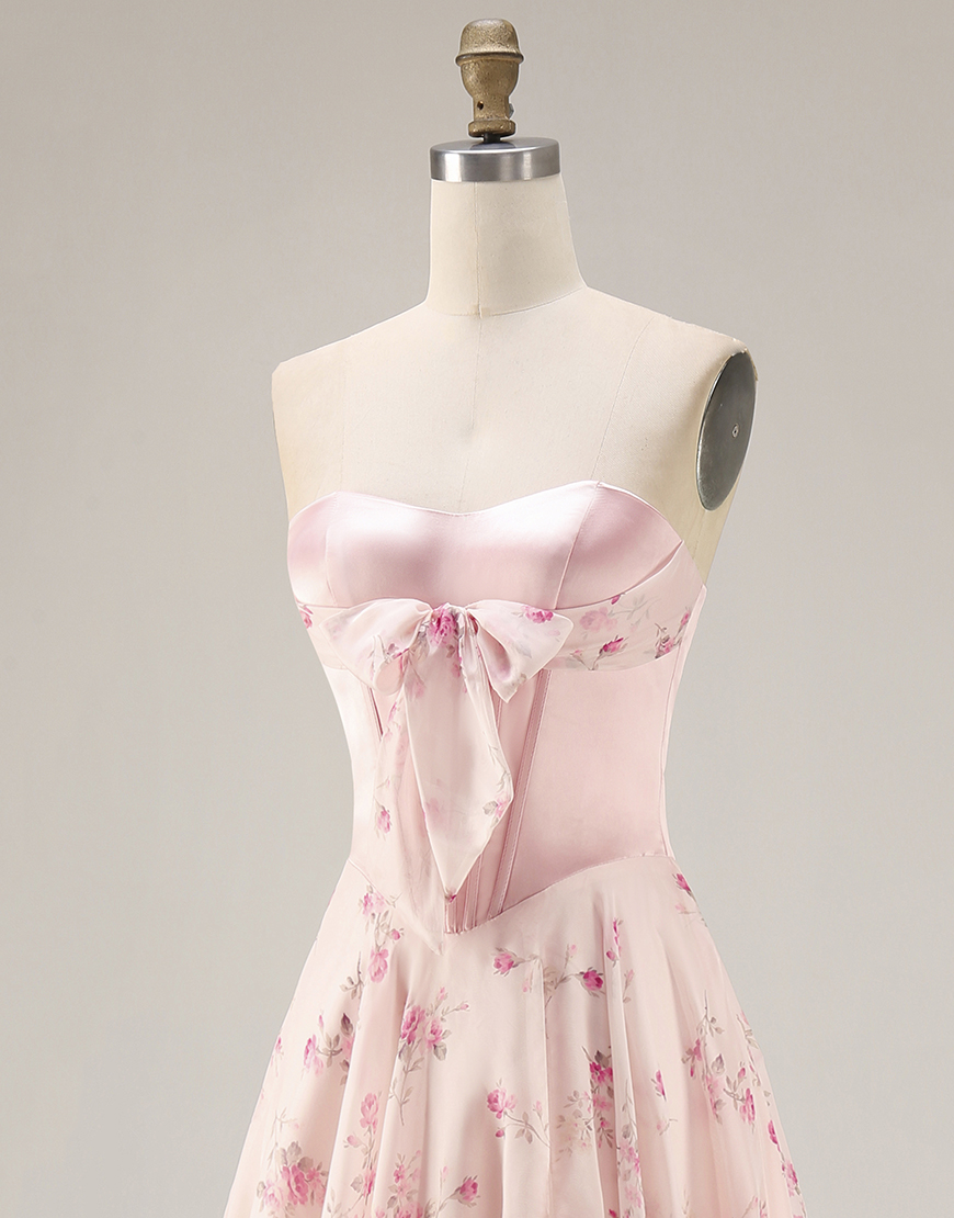 Pink and Red Floral Strapless A Line Long Corset Prom Dress with Bow