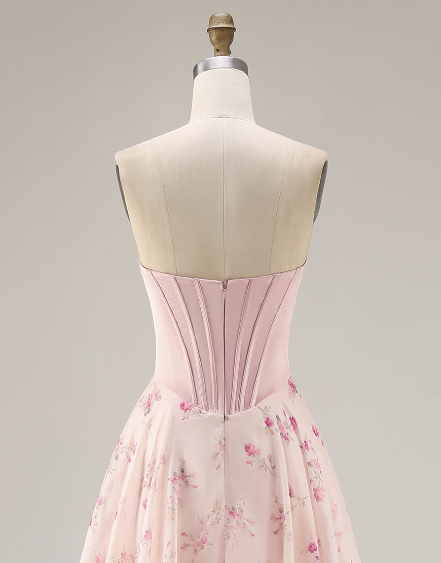 Pink and Red Floral Strapless A Line Long Corset Prom Dress with Bow